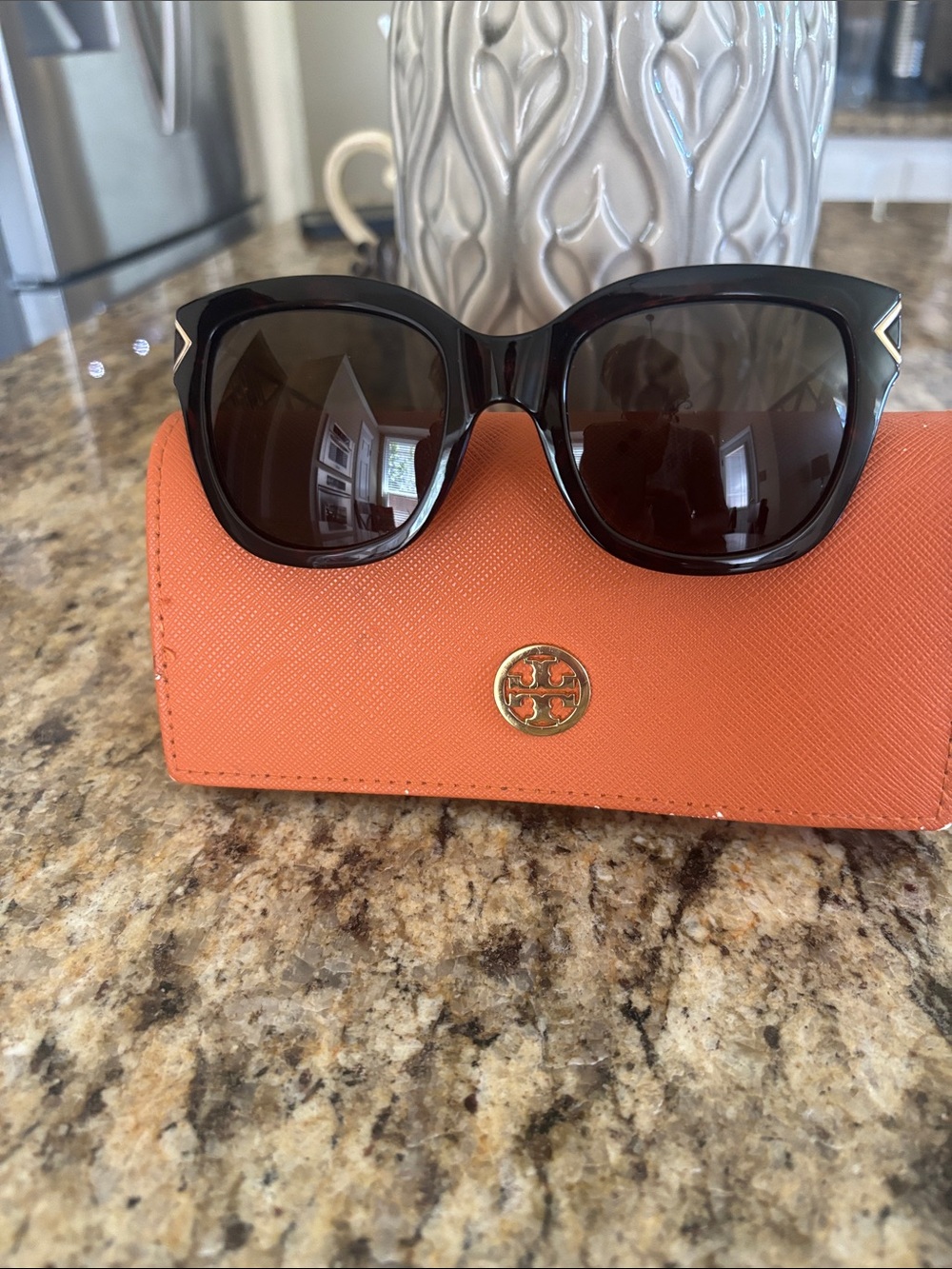 Tory Burch Tortoiseshell Cat-Eye Sunglasses with Orange Case
